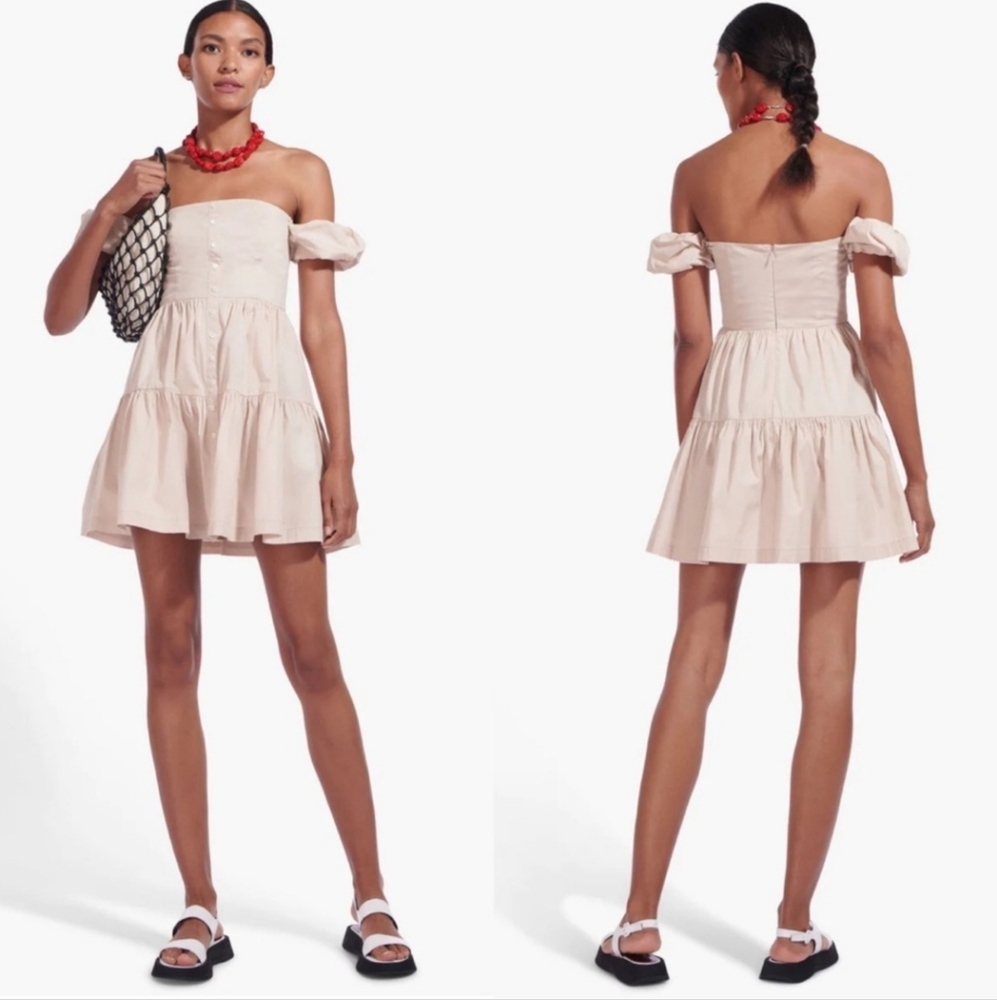 STAUD Womens Elio Tiered Off-The-Shoulder Mini Dress 8 in biscotti Tuckernuck